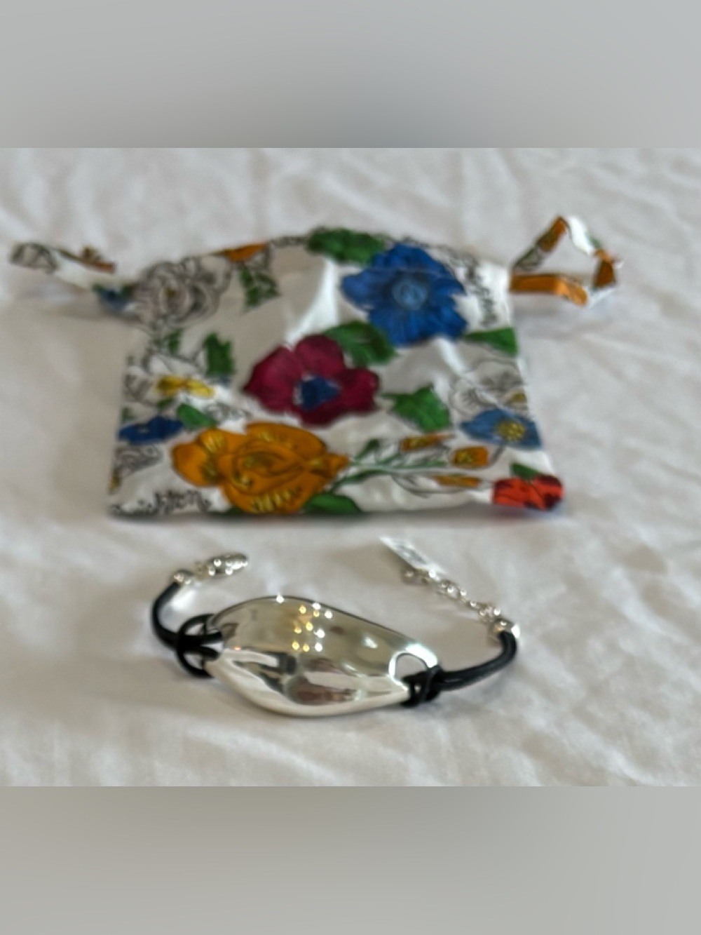 Brighton Silver-Tone Accent Black Leather Bracelet with Floral Pouch